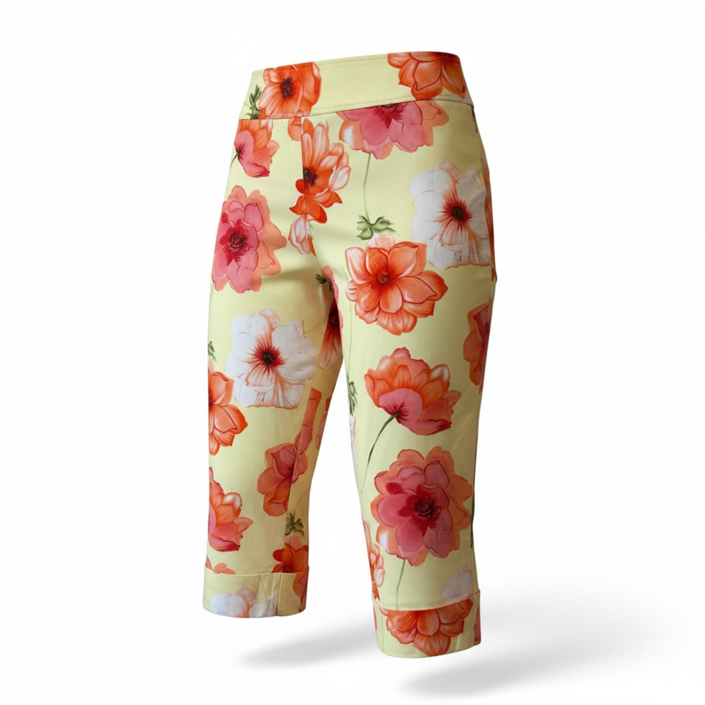 Courtenay Yellow Floral Capri Pants, Size 18W, 97% Cotton 3% Spandex, Made in Gu